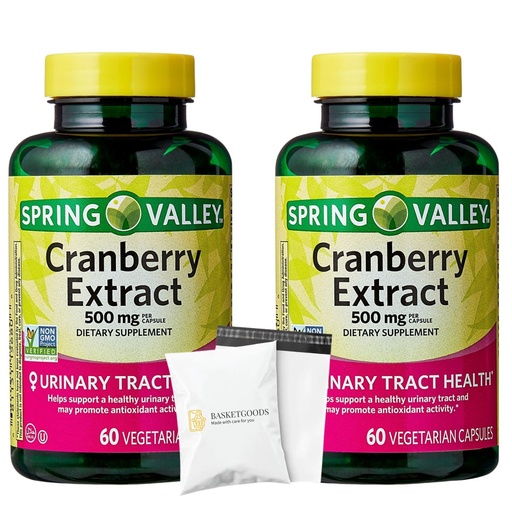 [BRSREEALPIBAA3L4] Spring Valley Cranberry Extract 500mg, 60 Count, Vegetarian Capsules for Women Urinary Tract Health, 2 Pack - Set by Basket Goods