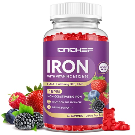 [BRSRECTQAEFQICY7] Iron Supplement for Women & Men Gummies, Multivitamin Blood Builder Iron Supplement with Folate Vitamin C B12 B6 Zinc for Adults & Kids - Energy Support - Mixed Berry Flavor, Vegan 60 Gummies