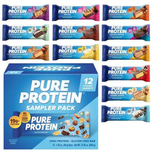 [BRSRACACCUHRMETO] Pure Protein Variety Pack - 12 Count Box | 20g High Protein, Gluten-Free, On-the-Go Snack | Ideal Pre & Post-Workout Fuel | Low Sugar, Great Taste!