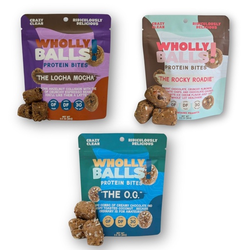 [BRSREA32AR4AO232] Wholly Balls Protein Bites â€“ Healthy Plant-Based Snack | High Protein, Low Sugar, Gluten-Free Energy Balls (Pack of 3, Chocolate)