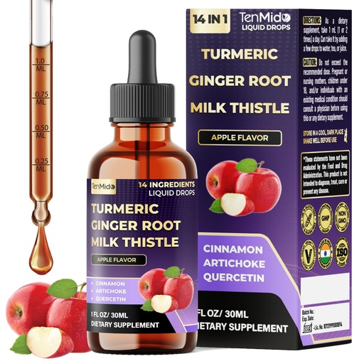 [BRSREGAEOF4GYAD4] 14in1 Liquid Turmeric Supplement with Ginger, Milk Thistle, Ceylon Cinnamon, Artichoke, Quercetin, Berberine HCl, Rosehip, Dandelion, Black Pepper & More - 30ml 1Fl Oz