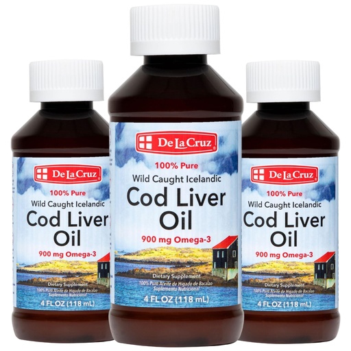 [BRSRACT6AR4BMELP] De La Cruz Cod Liver Oil Liquid - Pure Wild-Caught Icelandic Fish Oil 4 FL OZ (118 mL) 3-Pack