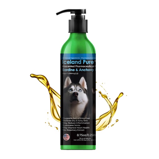 [BRSWIYYAOMPQOCA3] Iceland Pure Sardine Anchovy Oil | Wild Caught | 1597mg of Omega 3 per teaspoon | Unscented Pharmaceutical Grade | For Dogs and Cats | BPA-Free Brushed Aluminum Epoxy coated Bottle with Pump 8.75oz
