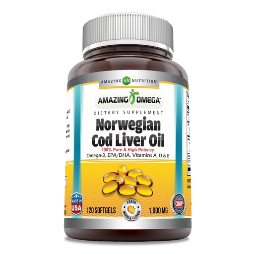 [BRSWGZI7C56GEEI7] Amazing Omega Norwegian Cod Liver Oil (Omega-3, EPA/DHA) Supplement | 1000 Mg Per Serving | 120 Softgels | Orange Flavor | Non-GMO | Gluten-Free | Made in USA