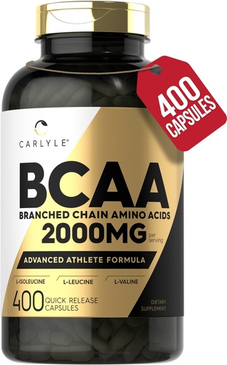 [BRSWYAIBAR7WGHLL] Carlyle BCAA Capsules | 2000mg | 400 Powder Pills | Amino Acids Supplement Blend | for Women and Men | with L-Isoleucine, L-Leucine, L-Valine | Non-GMO and Gluten Free