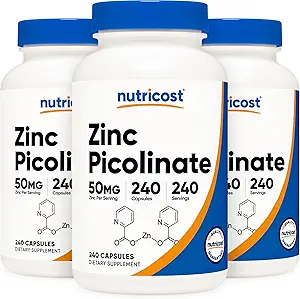 [BRSWGZL2OUGRME3A] Nutricost Zinc Picolinate 50mg, 240 Vegetarian Capsules (3 Bottles) - Gluten Free and Non-GMO