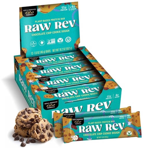 [BRSWKHY3PMGB4DDK] Raw Rev Glo Protein Bar, Chocolate Chip Cookie Dough, 12 Bars | Vegan & Dairy-Free Protein Bar | Gluten-Free | Plant-Based | No Sugar Alcohols | Kosher | Keto-Friendly
