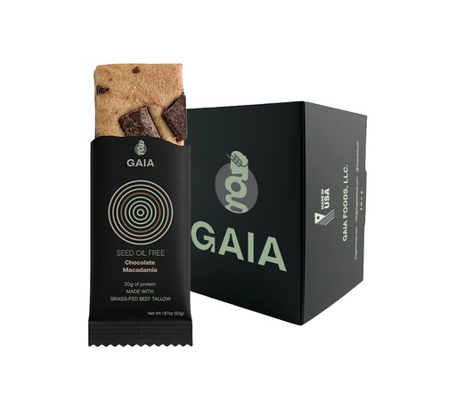[BRSREZT3BYCQE2DB] Gaia Foods, Protein Bar, Chocolate Macadamia Protein Bar, Pack of 9 Protein Bars | 20g of Protein | Seed Oil Free | Soy Free | High Protein