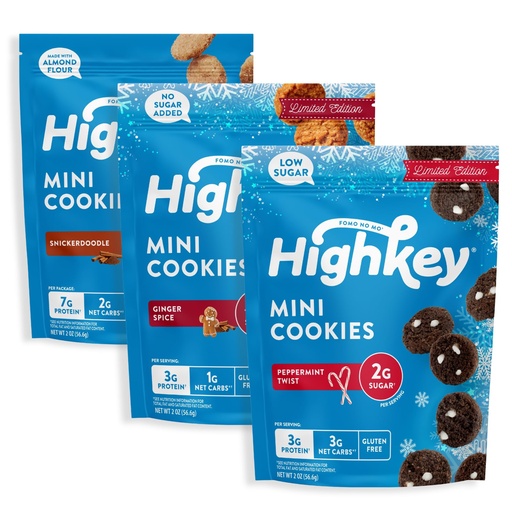 [BRSREAIFDEDQ2DI4] HighKey Holiday Variety Pack - Low Carb Cookies - Peppermint, Snickerdoodle, Ginger Spice - Low Sugar & Gluten Free Snack - Diet Friendly Sweets - 2 Ounce (Pack of 3)