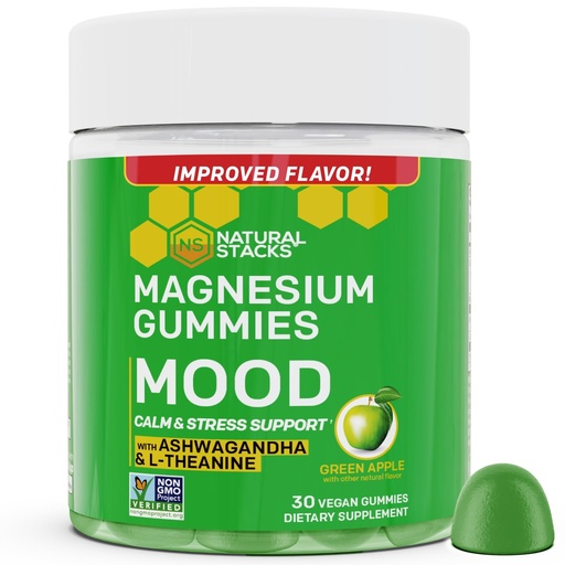 [BRSRMH3QDIPGY2QV] Mood Magnesium Gummies - 200mg Magnesium Citrate & 125mg Sensoril Ashwagandha Gummies - with L Theanine for Calm & Stress Support - Mag Citrate and Ashwagandha Supplement - 30 Green Apple Chewables