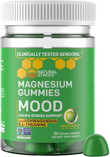 [BRSRMH3QDIPGY2QV] Mood Magnesium Gummies - 200mg Magnesium Citrate &quot; 125mg Sensoril Ashwagandha Gummies - with L Theanine for cool &quot; Support - Mag Citrate and Ashwagandha supplement - 30 Green Apple Chewables