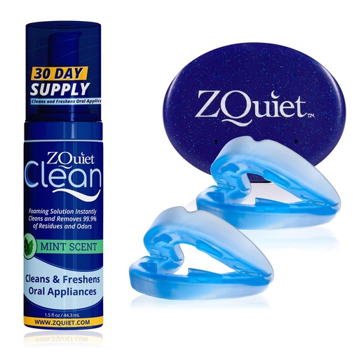[BRSWGFANBUMGEHQ4] ZQuiet, Anti-Snoring Mouthpiece (Blue) + Cleaner (1.5oz Bottle), Starter Pack with 2 Sizes, Made in USA, BPA-Free, Medical-Grade Material