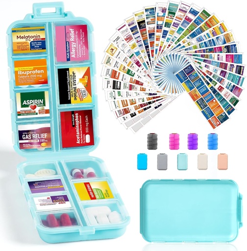 [BRSRA23YA4JW23TK] 14 Grids Travel Pill Organizer Box with 415-Pcs Medicine Name Labels - Pocket Daily Pharmacy Case Container Kit - Travel Medication Holder Dispenser for Fish Oil Vitamin Supplement Storage - Sky Blue