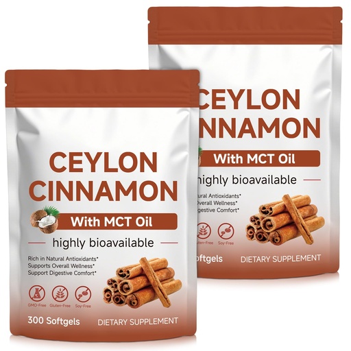 [BRSRYYA6OZ6WGET5] Ceylon Cinnamon Softgels with MCT Oil – 2-Pack (2 x 300 Softgels, Total 600) | Easy Absorption, Supports Digestive Comfort & Overall Wellness, Non-GMO, Gluten Free, Soy Free