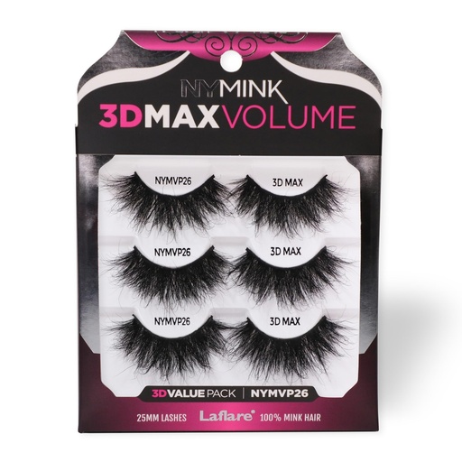 [BRSRAZIHCIMGKCAV] Laflare 3D NY MAX VOLUME 20-25mm Long Dramatic Styles, 100% Real Mink Hair Lashes, Luxury Makeup, Natural, Light, Trendy, Variety, Reusable, Multi-Layered 3 Pairs Value Pack Lashes (NYMVP-26X3P)