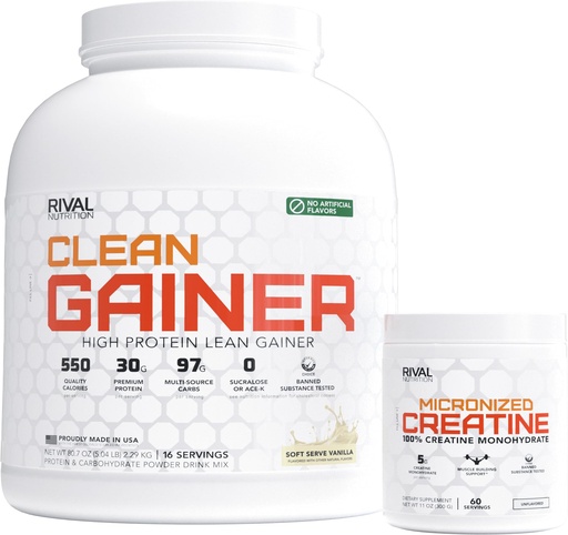 [BRSRYZYEDINAEALJ] RIVAL NUTRITION Clean Gainer & Creatine Stack | Soft Serve Vanilla Lean Gainer 16 Servings + Micronized Creatine Monohydrate 60 Servings | Mass, Strength & Performance Support