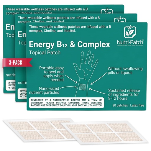 [BRSRYYY2BMNA2YLJ] NUTRI-PATCH Energy B12 & B Complex Body Skin Patches, 3-Pack (90 Patches) | Infused with B1, B2, B3, B5, B6, B9, B12, Biotin, Choline, Inositol