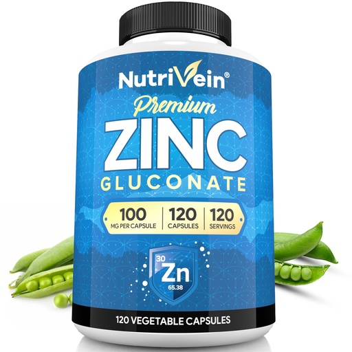 [BRSWYEA7CB7Q4ADB] Nutrivein Premium Zinc Gluconate 100mg - 120 Capsules: High-Absorption Zinc Gluconate Supplements for Whole-Body Well-Being - Essential Elements for Wellness