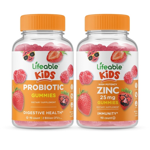 [BRSW2H33AV7BSH3G] Lifeable Probiotic 2 Billion CFU Kids + Zinc 25mg Kids, Gummies Bundle - Great Tasting, Vitamin Supplement, Gluten Free, GMO Free, Chewable Gummy