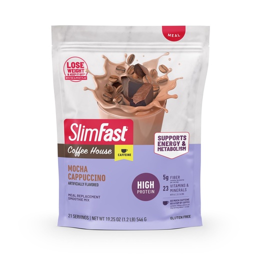 [BRSRE2YEC55QGAA3] SlimFast High Protein Meal Replacement Powder, Caffeine Protein Powder, Energizing Protein Mix, Vitamin and Mineral Blend, Gluten Free, Coffee Flavored Protein Powder, Mocha Cappuccino, 21 Servings