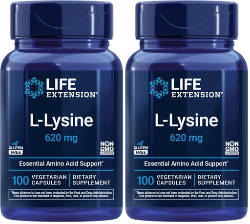 [BRSRGGQKCAIBQ2TJ] Life Extension L-Lysine,620 mg,Essential Amino Acid for Healthy nitrogen Balance,Calcium Metabolism,Stress Response & More,Gluten-Free,Non-GMO,Vegetarian,100 Capsules,(Pack of 2)