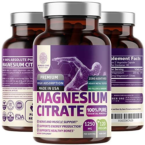 [BRSWYY32CBYWACDZ] Pure Magnesium Citrate Capsules 1250mg, Easily Absorbed and Purified Trace Mineral for Muscle and Digestive Support, 120 Caps