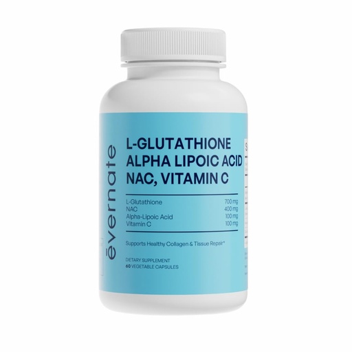 [BRSRGHYRBZ7BE2TV] Evernate 4-in-1 L-Glutathione 700mg with NAC 400mg, Alpha Lipoic Acid 200mg & Vitamin C – Skin Brightening, Liver Detox, Immune Support & Antioxidant Defense – 60 Vegan Capsules