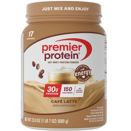[BRSWGBL7AEFRGDY3] Premier Protein Powder, Café Latte, 30g Protein, 95mg Caffeine for Energy, No Added Sugar, 100% Whey Protein, Keto Friendly, Soy & Gluten Free, 23.9 oz (17 Servings)