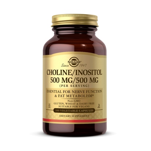 [BRSWIYTYO4GBMCLM] Solgar Choline/Inositol 500 mg/500 mg, 100 Vegetable Capsules - Energy Metabolism, Liver Health, Essential for Brain & Nerve Function - Non-GMO, Vegan, Kosher - 50 Servings