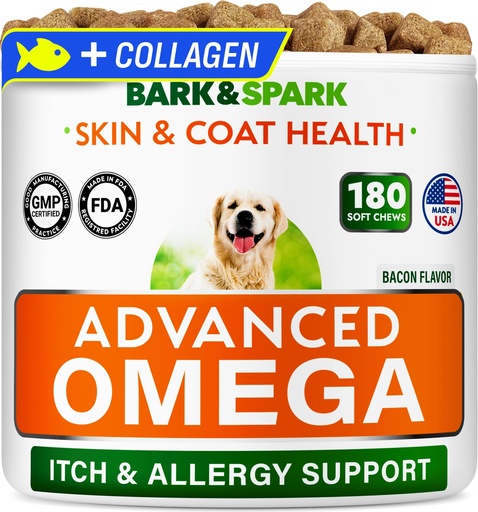 [BRSREBQHA4GQAE3V] BARK&SPARK Advanced Omega-3 Collagen for Dogs - 180 Salmon & Fish Oil Treats for Dog Shedding, Skin Allergy Chews, Itch Relief, Hot Spots Treatment - Joints, Skin & Coat Supplement,EPA&DHA Fatty Acids