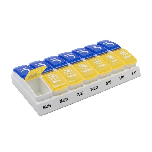 [BRSROHQLAAMRACT6] EZY DOSE Weekly (7-Day) AM/PM Pill Organizer, Daily Vitamin Container and Medicine Box, Large Pop-Out Compartments, Designed for Travel, 2 Times a Day, Blue and Yellow Lids