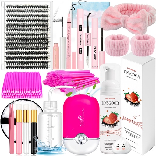 [BRSROAY3AAFQM3TP] DIY Lash Extension Kit with 280 PCS 9-16mm 40D Lashes Clusters 200ml/6.7fl.oz Lash Cleanser Eyelash Shampoo Mini USB Portable Lash Fan Bond and Seal Remover Eyeliner Eyelid Cleaning Brush
