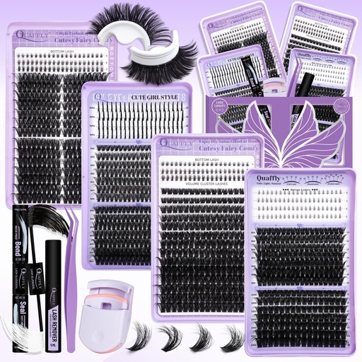 [BRSRGZA6DICBEYDO] 1274Pcs Lash Extension Kit 40D+60D+80D+100D+Bottom Lashes+Spike lashes Individual Lash Clusters With Lash Bond&Seal Remover Tweezer Lash Curler for Natural DIY Cluster Eyelash Extensions Kit