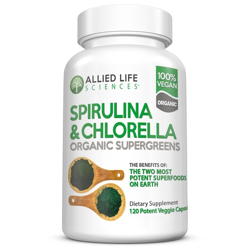 [BRSWKFIOCIMWC3LA] Allied Life Spirulina and Chlorella | Organic Chlorophyll Vegan Protein Powder Green Superfood | 120 Capsules