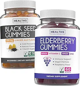 [BRSRAHQHOIHBOALO] Black Seed Oil Gummies & Elderberry Gummies (1-Month Supply) Immune Boost Bites Bundles - Black Seed Oil Gummies Ginger Ale Flavor Cold-Pressed Nigella Sativa & Elderberry Gummies for Adults