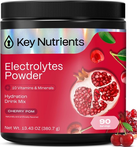 [BRSWGCQ2A4CR63TL] KEY NUTRIENTS Multivitamin Electrolytes Powder No Sugar - Sweet Cherry Pom Electrolyte Powder - Endurance & Energy Supplement - Hydration Powder - No Calories - 90 Servings - Made in USA