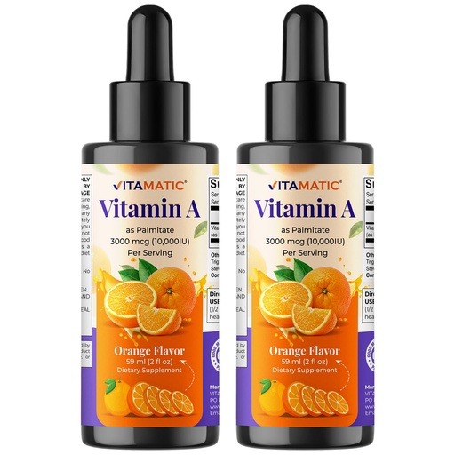 [BRSREZL5CN5AA3L7] Vitamatic Sugar Free Vitamin A Liquid Drops 10000 IU (3000 mcg) as Retinyl Palmitate - Approximate 4 Months Supply - Immune Support, Eye Health, Skin Health - 2 FL OZ (59 ml) (2 Packs)