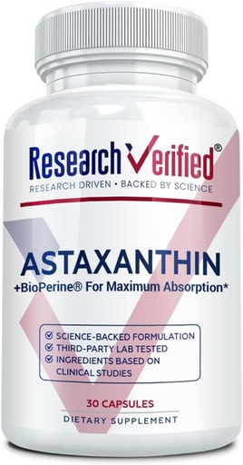 [BRSW2AIBCEMGMDT7] Research Verified Astaxanthin - Powerful Antioxidant, Fights Free Radicals, Supports Skin, Brain, Eyes, and Heart - Zinc RDA, Vitamin E, BioPerine - 30 Capsules - Non-GMO, Made in The USA