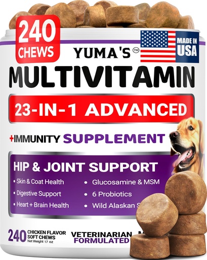 [BRSREZL2OUMBM2AU] Dog Multivitamin Chewable with Glucosamine - 240 Treats - Dog Vitamins and Supplements - Senior & Puppy Multivitamin for Dogs - Hip & Joint Support - Immune Health, Skin, Heart, Digestion, Probiotics