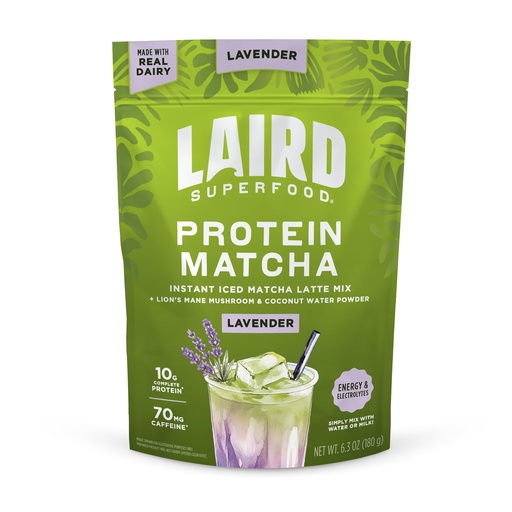 [BRSRYZAHPIFWM2DD] Laird Superfood Protein Matcha, Instant Iced Matcha Latte Mix with 10g Complete Protein, Lion's Mane Mushroom & Coconut Water Powder, No Added Sugar, Lavender, 6.3 oz