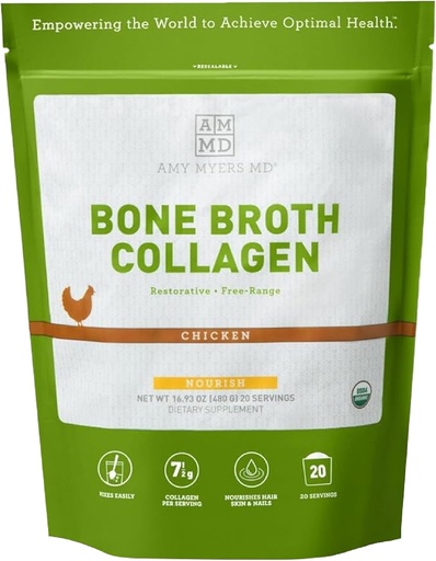 [BRSWYZYKBZYBGDQ6] Amy Myers MD Bone Broth Collagen Powder - Organic Chicken Bone Broth - tukee terveitä iho & kynnet - Gut Health & Joint Support - 20 tarjoilua, kananmaku