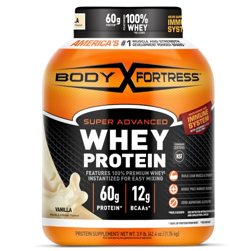 [BRSROZA3OQPBY3Y7] Body Fortress Super Advanced Whey Protein Powder, Gluten Free, Vanilla, Immune Support (1), Vitamins C & D Plus Zinc, 3.9 lbs.