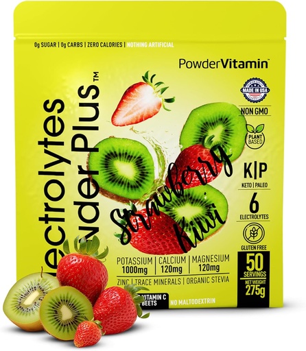 [BRSRAZQBAEHBYELH] Electrolytes Powder Plus (50 Servings), 0 Calorie Keto, 0 Sugar, No Maltodextrin,1000mg Potassium,120mg Calcium,120mg Magnesium, Hydration Powder (50 Servings, Strawberry Kiwi)