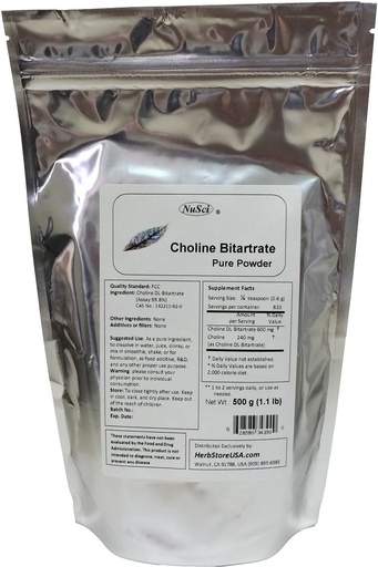 [BRSWIZ3ROYPWKYI7] Choline DL- Bitartrate Pure Powder 500g (1.1 lb, 17,6 oz) Smart Nutrient