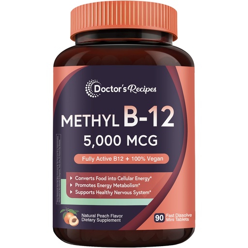 [BRSWYAD6OB7BQ2DP] Doctor's Recipes Vitamin B12, Methylcobalamin 5000 mcg 90 Fast Dissolve Tablets, Natural Peach Flavor, Vegan Methyl, Energy Metabolism & Nervous System
