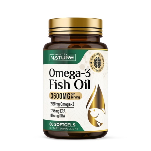 [BRSREFQKBUFQME34] Built by Nature Omega-3 Fish Oil 3600mg – High EPA & DHA – 2160mg Omega 3s per Serving – Triple Strength Burpless Softgels – Heart & Brain Support – 60 Softgels