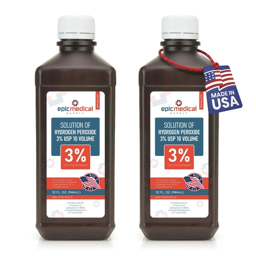 [BRSRMYAROINBSCA7] Epic Medical Supply Hydrogen Peroxide 32 oz. First Aid Antiseptic and Multipurpose Cleaner, 3% USP, Topical Wash for Minor Cuts, Scrapes, Insect Bites, and Skin Irritations. (2)