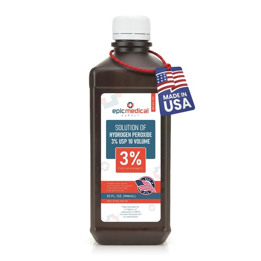 [BRSRMYAROZ7Q4G33] Epic Medical Supply Hydrogen Peroxide 32 oz. First Aid Antiseptic and Multipurpose Cleaner, 3% USP, Topical Wash for Minor Cuts, Scrapes, Insect Bites, and Skin Irritations. (1)