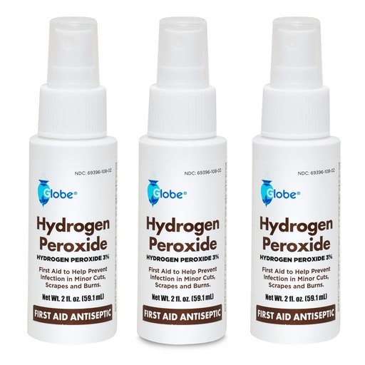 [BRSRMFQ2CAIBMGTA] (3 Pack) Globe Hydrogen Peroxide 3% First Aid Antiseptic Topical Solution USP Spray Bottle, 2 Fl. Oz Convenient Pump Spray Bottle