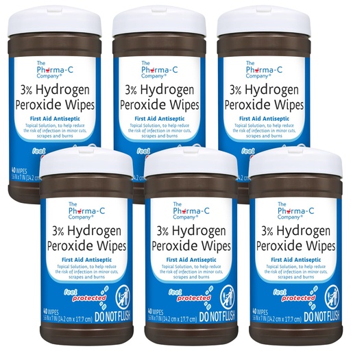 [BRSWGZAQDIOQA2DK] The Pharma-C Company - 3% Hydrogen Peroxide Wipes [6 pack - 40ct canisters] - First Aid. H202 Skin Safe Antiseptic Wound Cleaner.